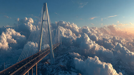 Fototapeta premium Spectacular view of a suspension bridge reaching above the clouds, with a glowing sunset over rugged snow-capped peaks