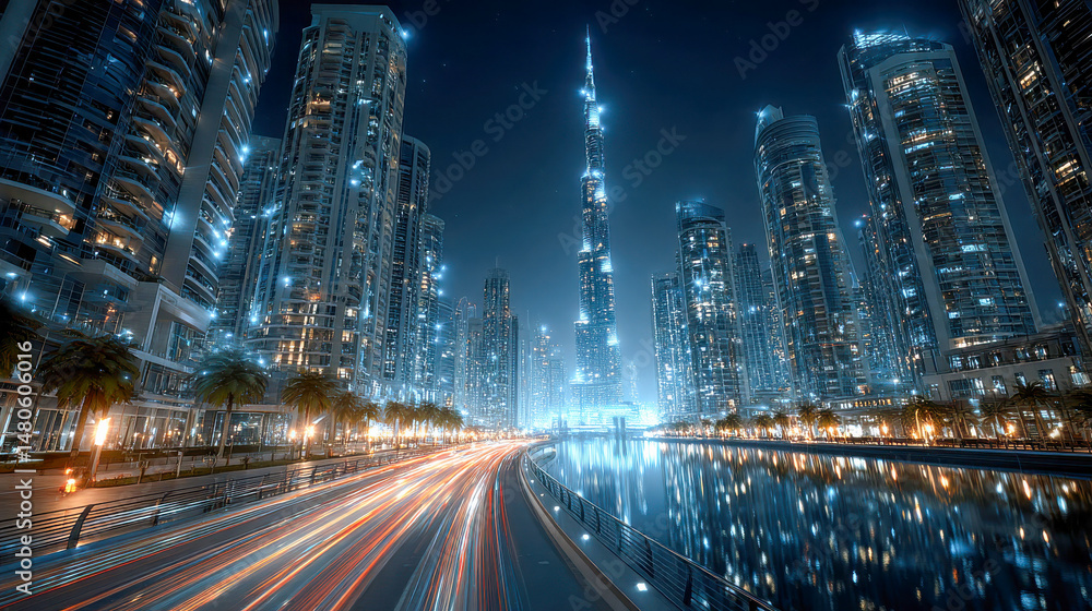 Poster futuristic cityscape at night with glowing data streams representing high-speed digital traffic on a