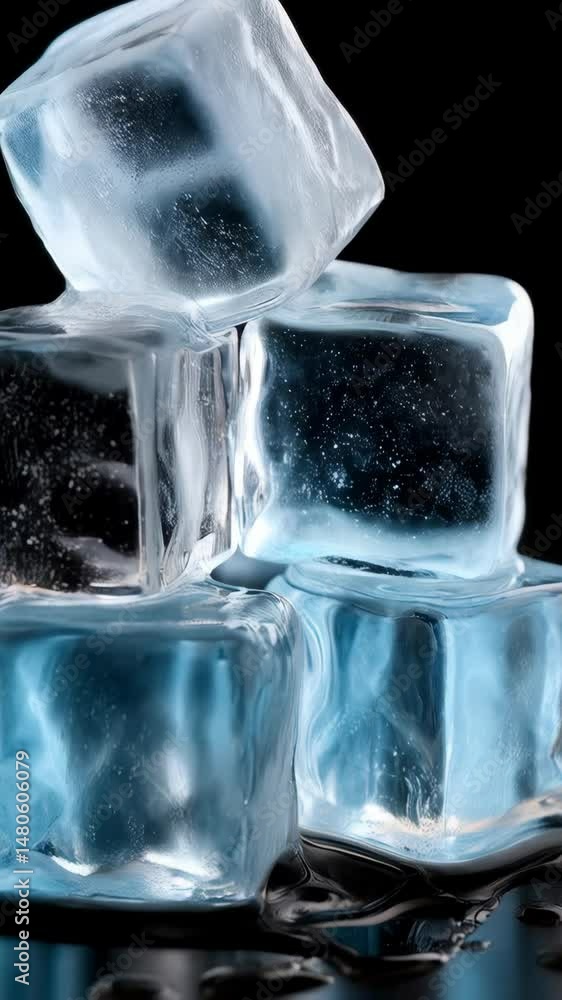 Poster close-up of clear ice cubes stacked on top of each other against black backdrop with visible melting