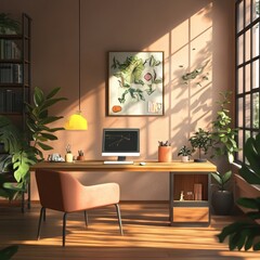 Sun-Drenched Serene Home Office with Botanical Art and Natural Light