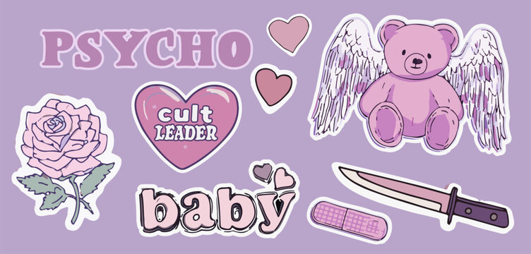 Vector illustration in popular Y2K sticker style: pastel purple tones, cute teddy bear with wings, rose, knife, hearts, lettering, and bandage. Modern mix of girly and edgy, trending in digital art.