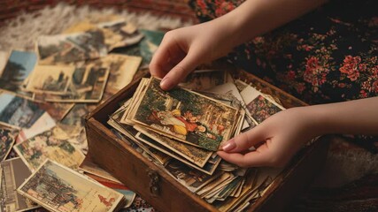 Hands holding vintage postcards from a wooden box.