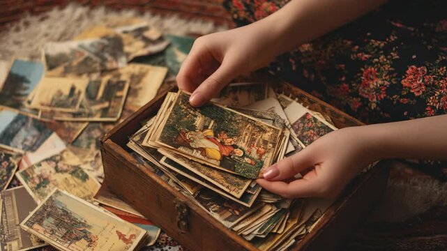 Hands holding vintage postcards from a wooden box.