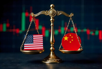 USA flag on the left side of a balance and China flag on the right side, financial chart background 