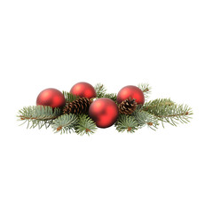 Pine Sprigs with Matte Red Baubles and Pine Cones on Transparent Background