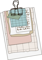 paper clip yellow and white lined paper. Vector drawing. Hand drawn style.