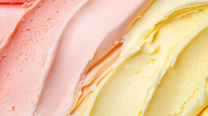 Close-up of three scoops of ice cream. the ice cream scoops are arranged in a diagonal line, with the top scoop being pink, the middle scoop being yellow, and the bottom scoop being orange.