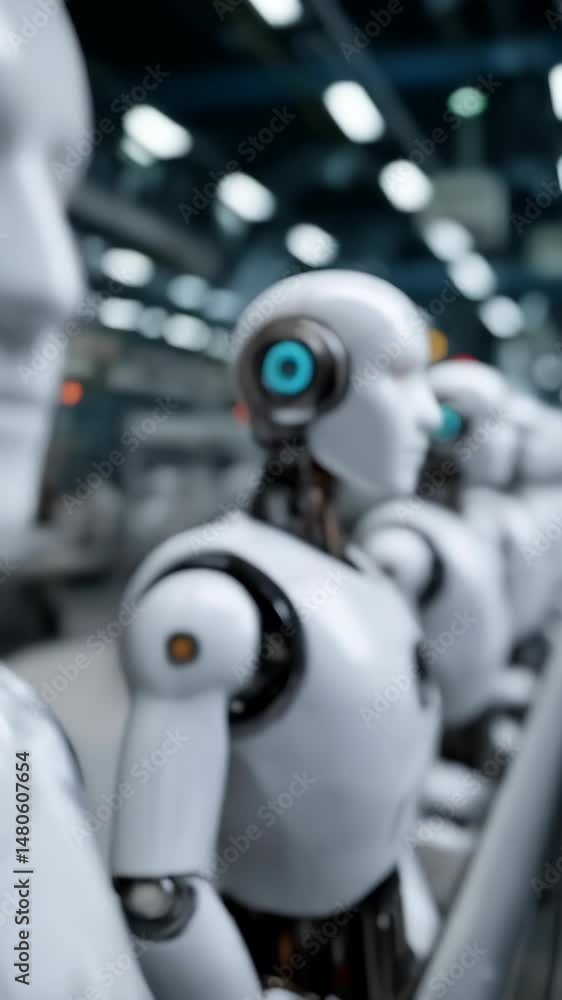 Aufkleber futuristic robotic assembly line featuring a series of humanoid robots with metallic and ceramic con