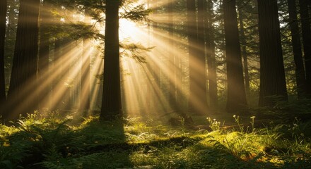 Obraz premium Sunbeams Piercing Through Misty Forest