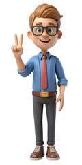 3D Illustration of Nerd Larry with Glasses Greeting with Peace Gesture
