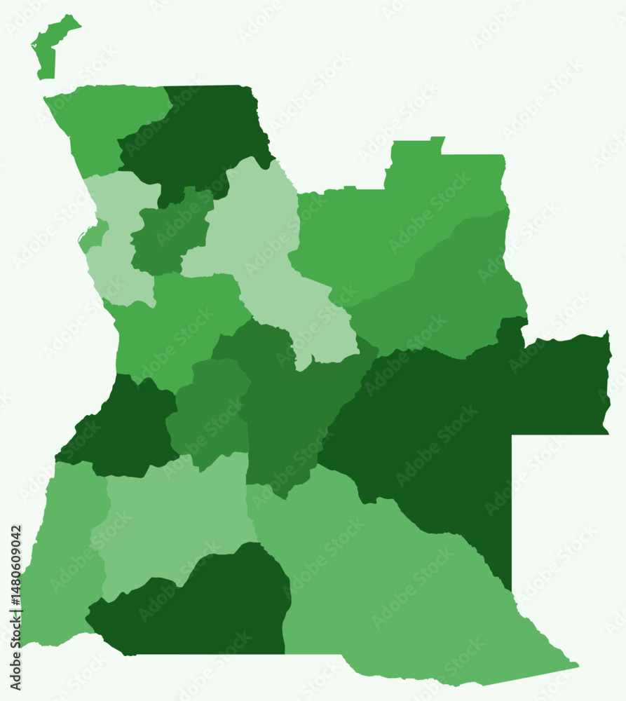 Poster map of angola with regions. just a simple country border map with region division. green color palet
