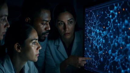 Diverse Team of Scientists Studying Complex Data Network on Computer Screen Medical Research Collaboration - Powered by Adobe