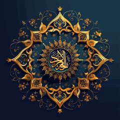 Golden Thuluth calligraphy of  Modern Islamic on deep navy or emerald background with arabesque patterns and glowing light. Elegant, spiritual vector artwork perfect for digital and print.