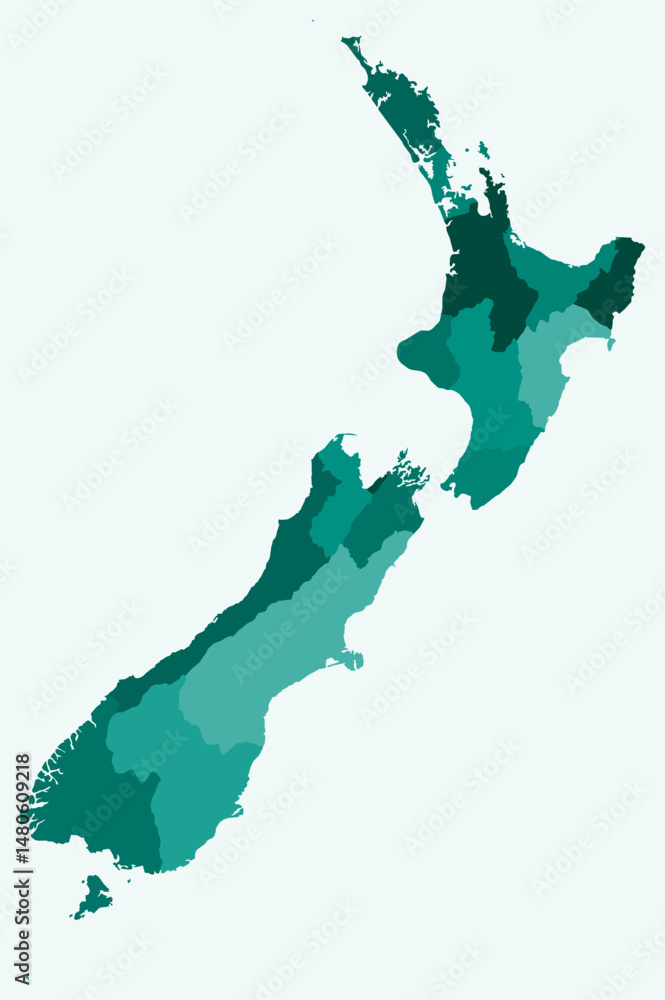Poster map of new zealand with regions. just a simple country border map with region division. teal color p
