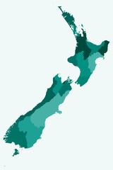 Map of New Zealand with regions. A simple country border map with region division. Teal color palette. Plain New Zealand shape with administrative division. Vector illustration.