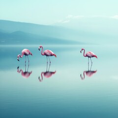 Obraz premium A Serene Flamingo Gathering on Tranquil Waters, Reflecting a Dreamy Vista