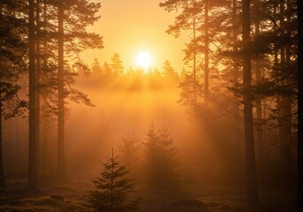 Misty Sunrise in a Pine Forest