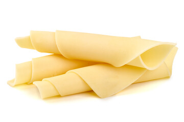Rolled cheese slices isolated on white background.