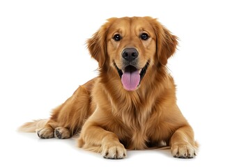 Fototapeta premium Golden retriever lying down with tongue out on white background looking at the camera