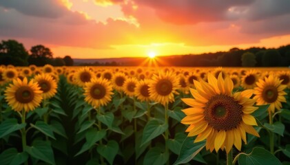 Obraz premium Golden hour sunset bathes a field of sunflowers , evening, background
