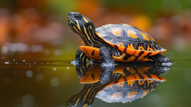 Colorful turtle on water's surface