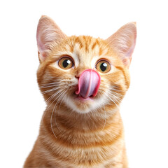Adorable Orange Kitten Licking its Lips Against White Background