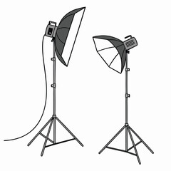 Isolated studio lighting equipment includes a professional strobe flash with a softbox and reflector on a metal stand, essential for photography