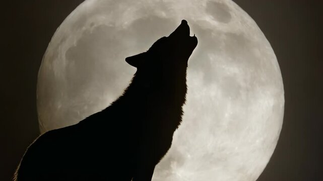 Silhouette of a howling wolf against a large full moon in the night sky creating a dark and mysterious mood.