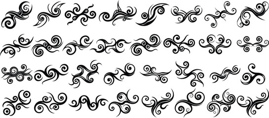 Obraz premium Tribal Curl Tattoo Designs. Swirly Ornament Vector Elements Set. Vector Illustration