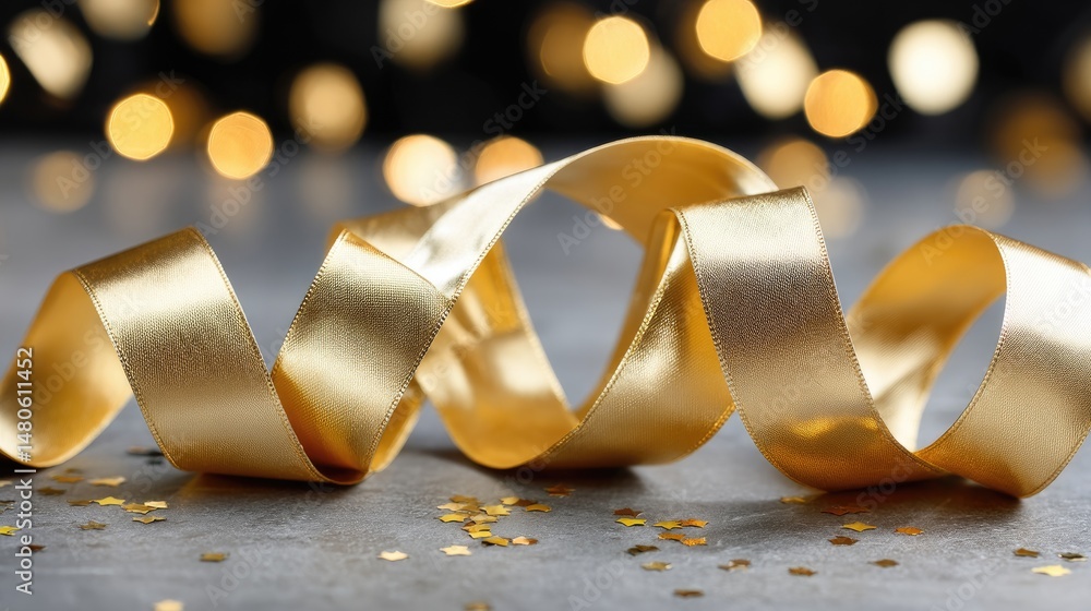 Aufkleber golden ribbon winds along a dark surface, illuminated by soft light with floating particles creating
