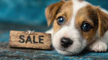 Puppy For Sale: A captivating close-up of an adorable puppy with endearing eyes next to a SALE sign, creating a heartwarming visual. Ai Image