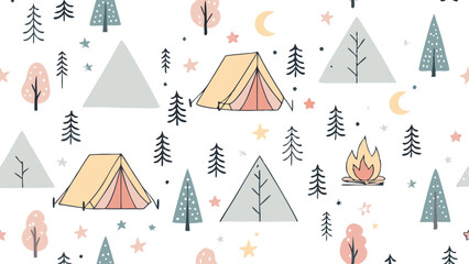 Seamless vector pattern featuring camping trip elements like tents, creating a fun, outdoorsy design.