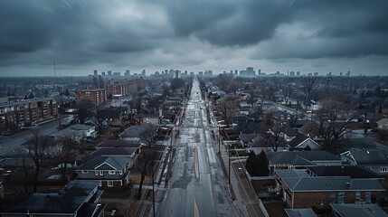 Obraz premium Empty suburban neighborhood with for sale signs on front lawns, aerial view of deserted residential streets under cloudy weather. Housing market crisis and economic downturn concept. 