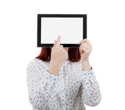 Young businesswoman covering her face using a digital tablet point her finger to the screen blank display. Starting business project concept isolated on transparent background