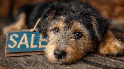 Naklejka na ściany i meble Dog for Sale: This heartwarming photo captures a cute, well-groomed dog with a sale tag resting on a rustic wooden surface, with a hopeful expression looking at the camera. Ai Image