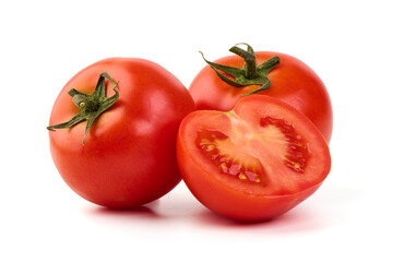 Ripe fresh tomatoes, close-up, isolated on white background.