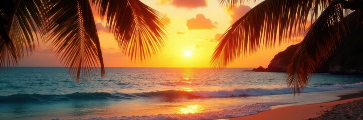 Golden sunset hues paint tranquil ocean, seen through swaying palm fronds , vibrant, color
