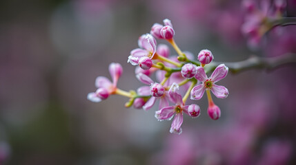 Obraz premium Erica flowers frosted closeup, erica pink flowers macro on bokeh background, early spring flowers on bokeh background, selective focus.