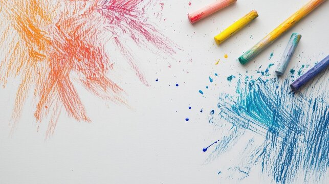 Group of colorful crayons scattered on a white background. on the left side of the image, there is a large orange starburst drawn with a crayon.