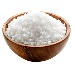 White Salt Crystals in a Wooden Bowl on Transparent Background