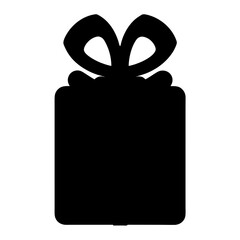 Simple black and white illustration of a gift box with a bow