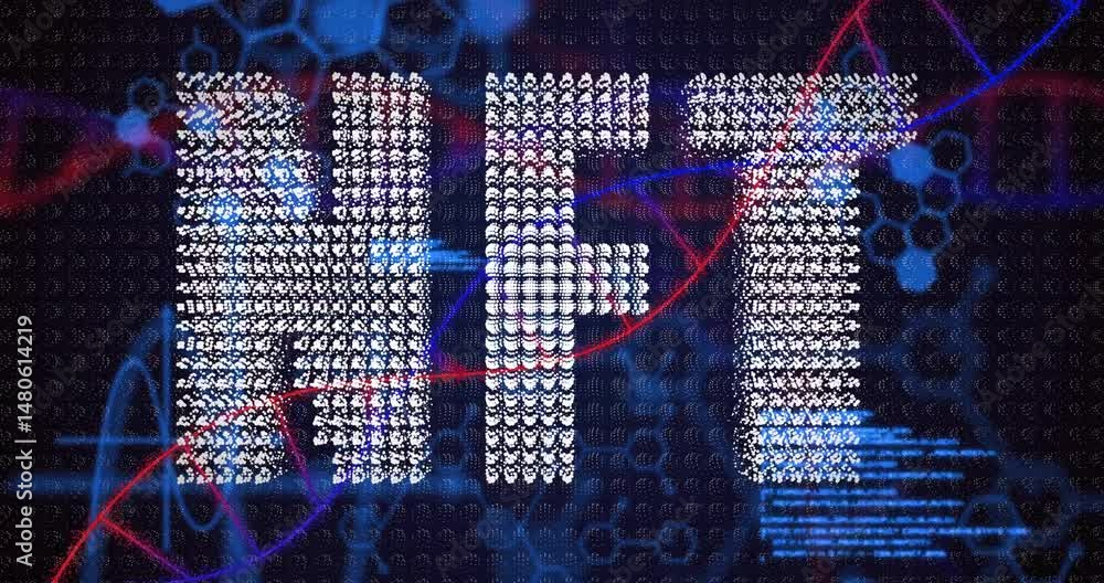 Poster stylized ai lettering forming dynamic dot clusters, weaving helix curves and hex data grid patterns