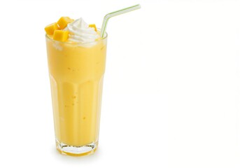Mango milkshake with whipped cream and straw isolated on white background for beverage menus and summer drink promotions