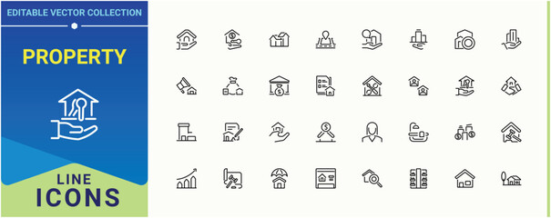 Property icon. Contains related to construction, building, mortgage, house and more. Real Estate linear icon set. Thin linear style icons. Editable vector stroke.