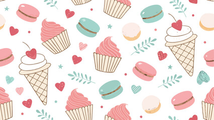Seamless vector pattern featuring delicious cupcakes and other sweet treats, perfect for bakery branding or dessert-themed designs.