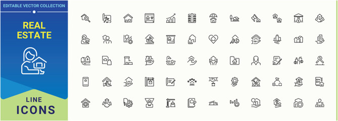 Real Estate icon set. Trendy minimal icons. Apartment icon set. Contains outline symbols like skyscraper, mortgage, home, house, estate, construction, building and more.