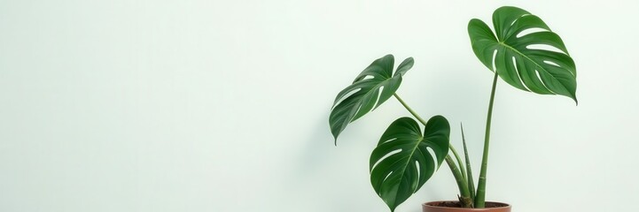 Gray pot monstera deliciosa, large leaves against white , stock photo, potted plant