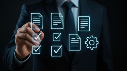 A professional reviewing digital documents and checklists for efficient workflow.