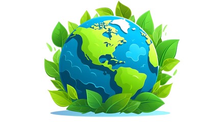 Green Earth with Leaves Icon Cartoon Vector Illustration for Environmental Concepts