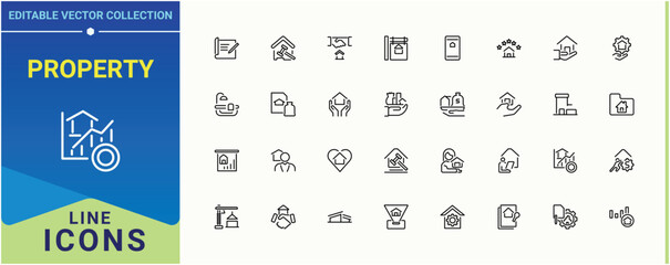 Property icon set. Contain linear sign mortgage, commercial, apartment, skyscraper, house, home and more. Real Estate icon collection. Minimalist vector collections. Vector artwork and illustration.